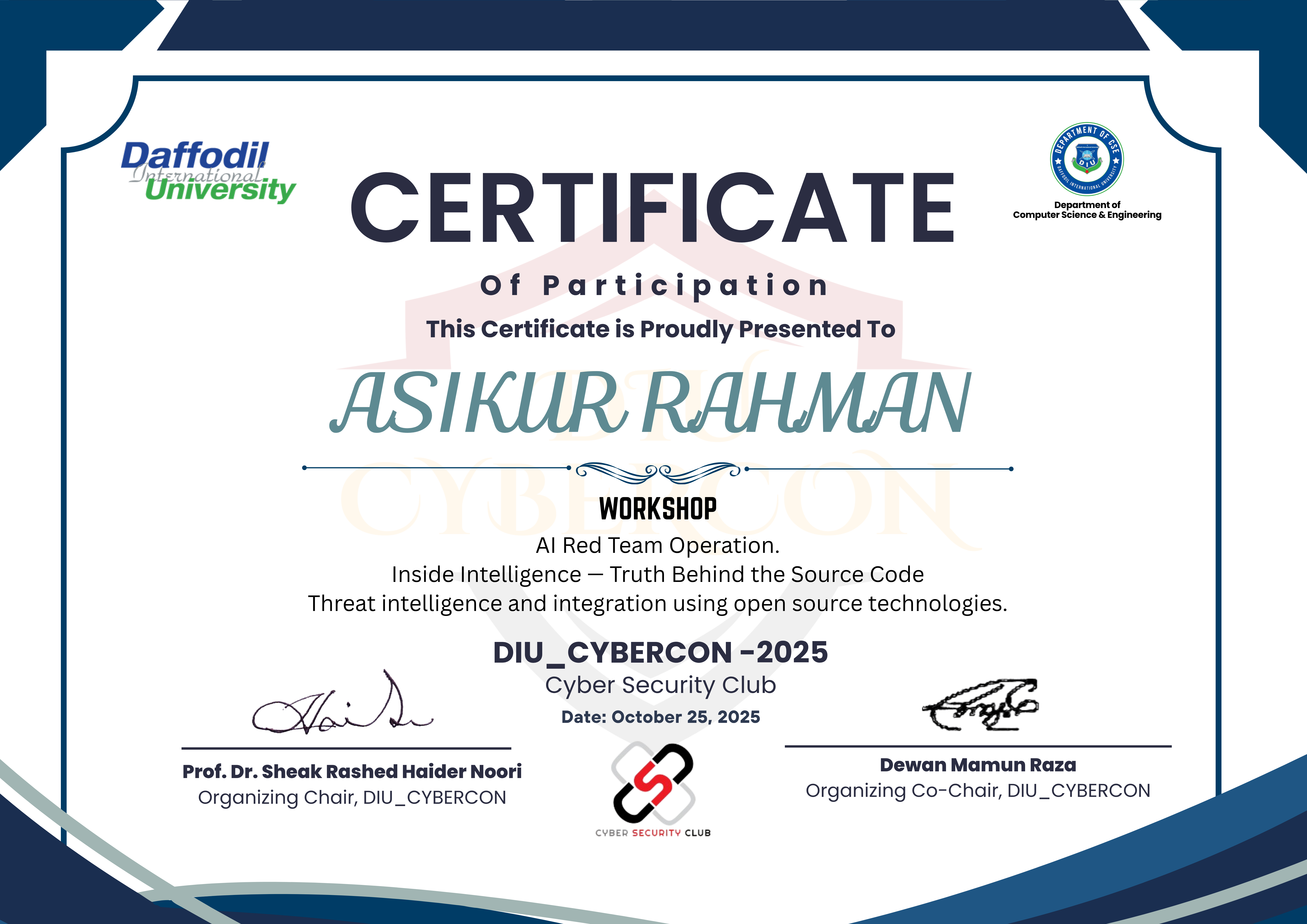 DIU_CyberCon_2025 Certificate